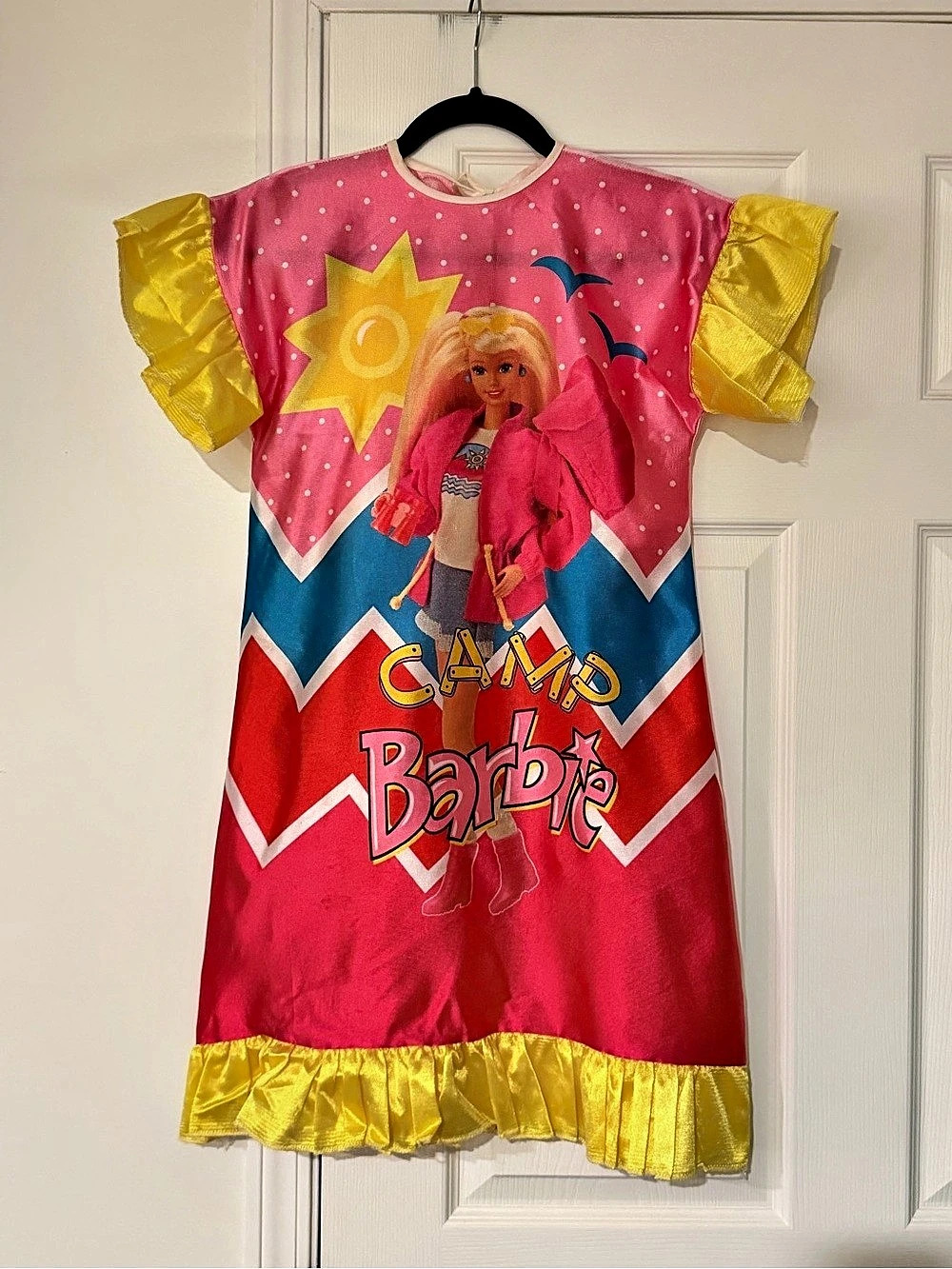 1993 vintage Barbie Camp Barbie Kids Pink & Yellow Graphic Dress costume dress u